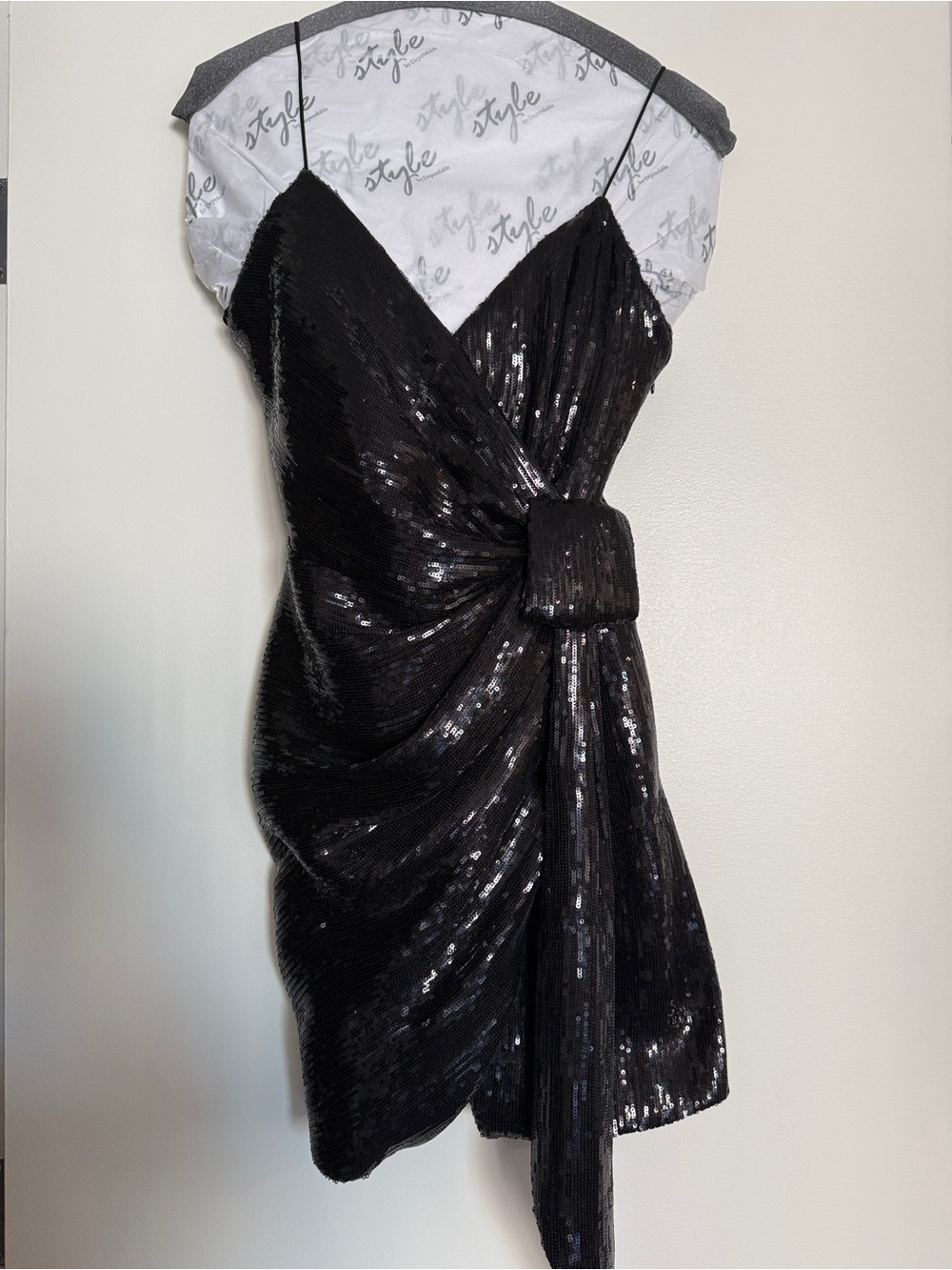 Retrofete Black Sequin Draped Knot Mini Dress
